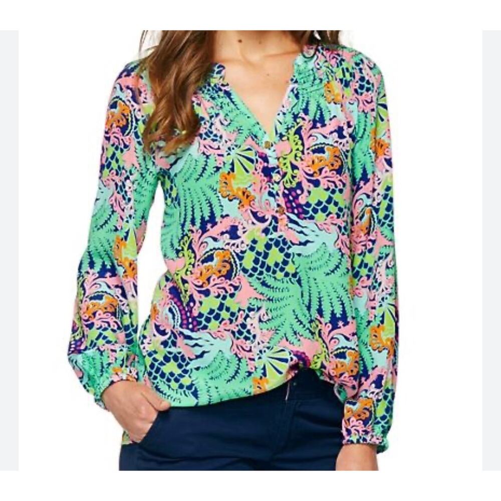 Lilly Pulitzer Silk Elsa bring the mermaid back Tunic Tropical top Women’s S EUC